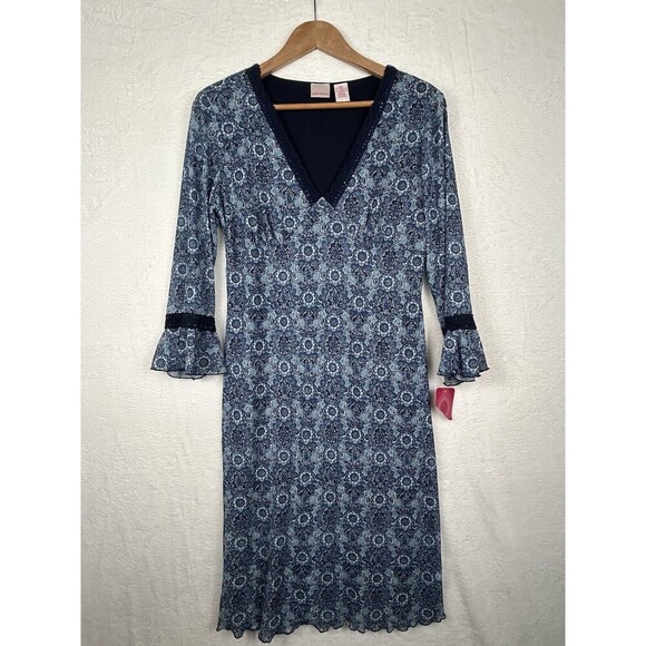 Y2K Babydoll Midi Dress NWT M/L  Blue Sweetheart Neck Bell Sleeve Stretch 90s - Picture 1 of 11